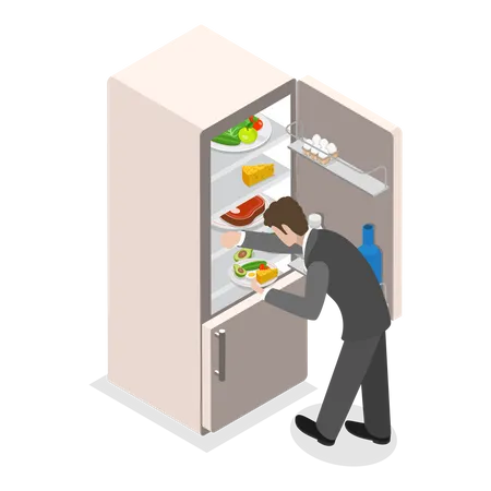 Hombre sacando comida del frigorífico  Ilustración