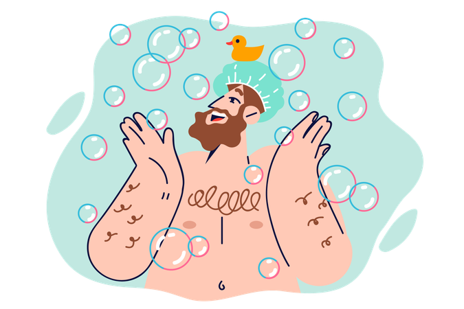 El hombre tomando una ducha se encuentra entre burbujas de jabón  Ilustración