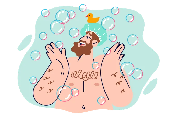 El hombre tomando una ducha se encuentra entre burbujas de jabón  Ilustración