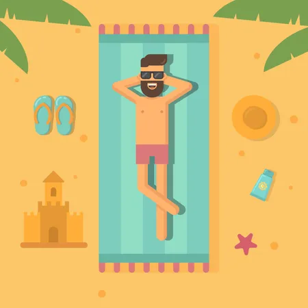 Hombre tomando el sol en la playa  Ilustración