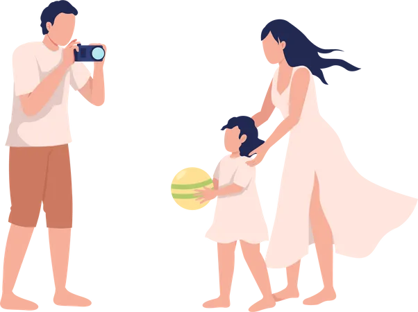 Hombre tomando fotografías de su hija y su esposa  Ilustración