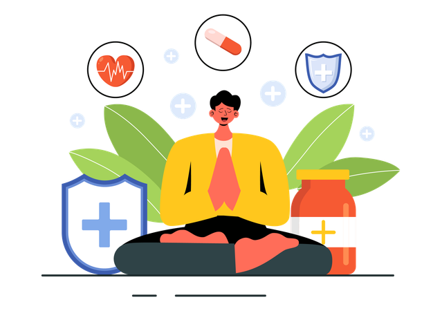 Hombre tomando medicina energética para meditar.  Ilustración