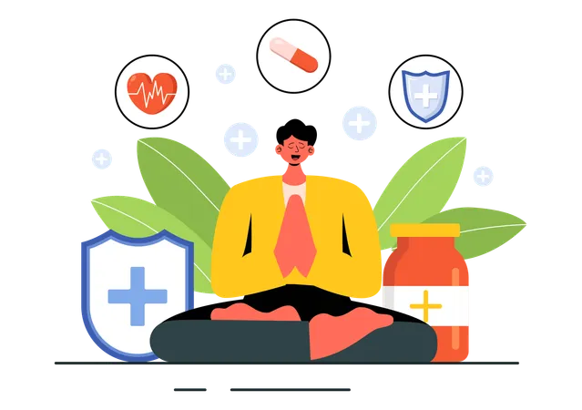 Hombre tomando medicina energética para meditar.  Ilustración