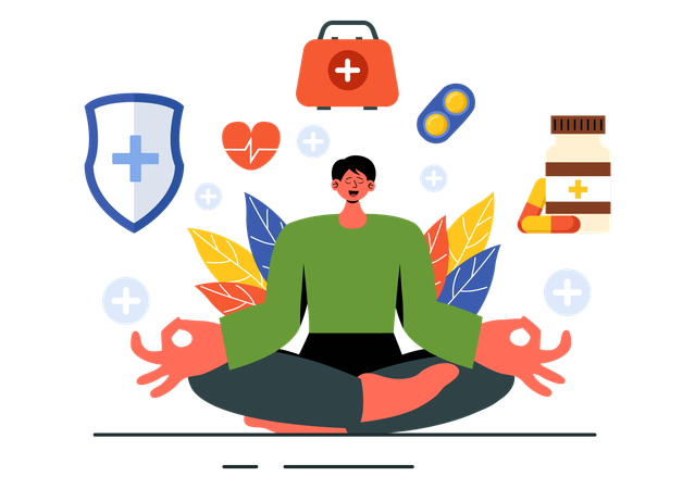 Hombre tomando medicina energética para meditar.  Ilustración