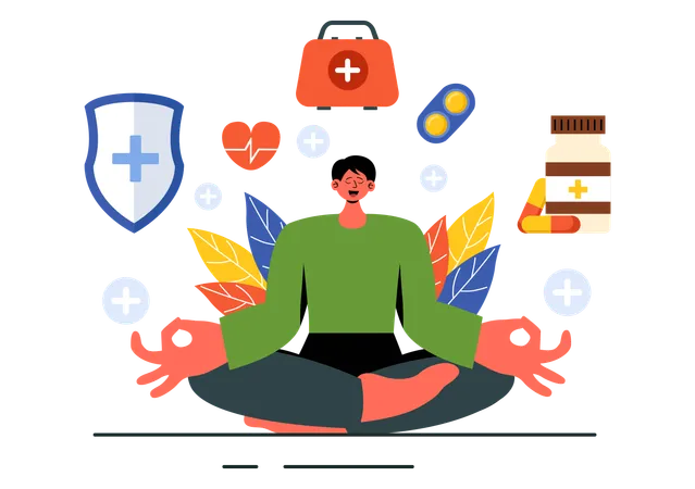 Hombre tomando medicina energética para meditar.  Ilustración