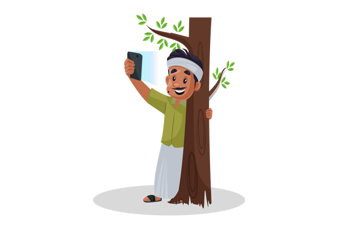 Hombre tomando selfie con árbol  Ilustración