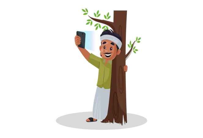 Hombre tomando selfie con árbol  Ilustración