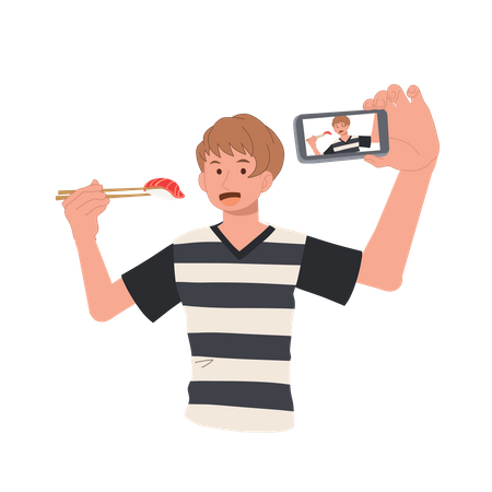 Hombre tomando selfie con comida  Ilustración