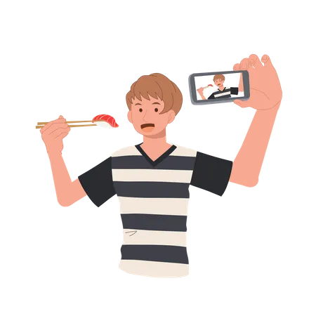 Hombre tomando selfie con comida  Ilustración