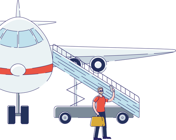 Hombre tomándose selfie con el avión antes de abordar el avión  Ilustración
