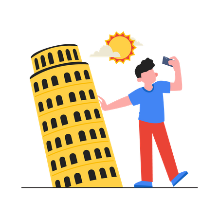 Hombre tomando selfie con la torre de Pisa  Ilustración