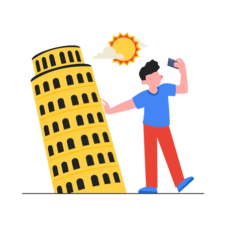 Hombre tomando selfie con la torre de Pisa  Ilustración