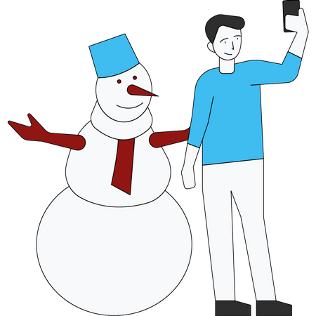 Hombre tomando selfie con muñeco de nieve  Ilustración