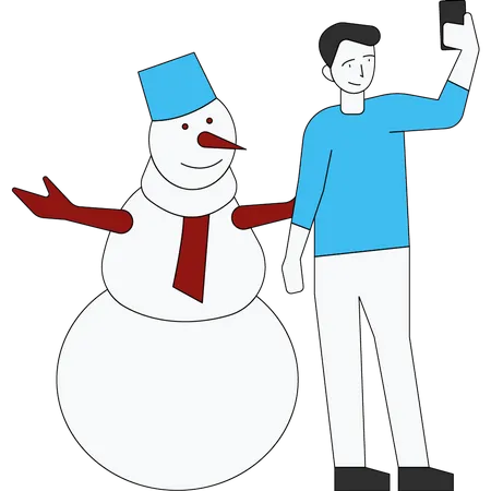 Hombre tomando selfie con muñeco de nieve  Ilustración