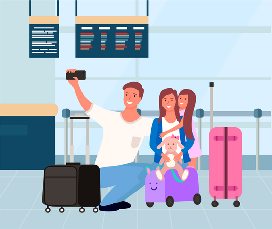 Hombre tomando selfie familiar en el aeropuerto  Ilustración