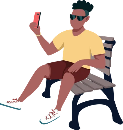 Hombre tomando selfie mientras está sentado en un banco del parque  Ilustración