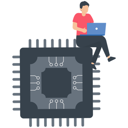 El hombre trabaja con una computadora portátil en un chip de inteligencia artificial AI  Ilustración