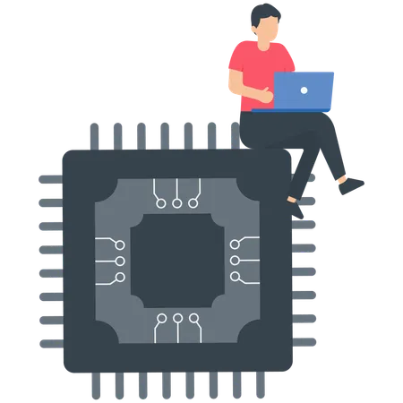 El hombre trabaja con una computadora portátil en un chip de inteligencia artificial AI  Ilustración
