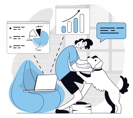 Hombre trabaja desde casa mientras juega con su perro  Ilustración