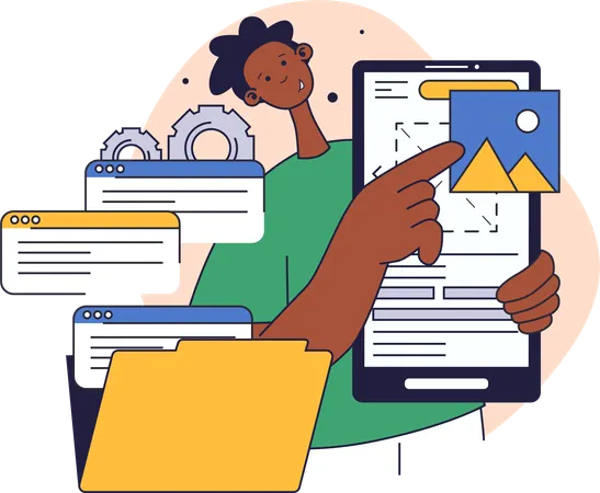El hombre trabaja en el tema del diseño web. Ilustración