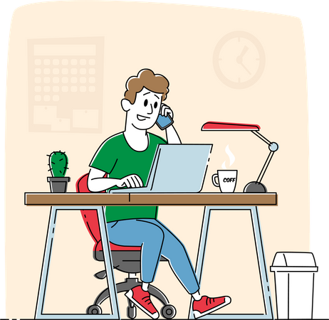 Trabajo masculino en computadora portátil y hablando por teléfono inteligente en la oficina  Ilustración