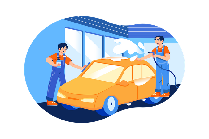Trabajador de garaje masculino limpiando el coche  Ilustración