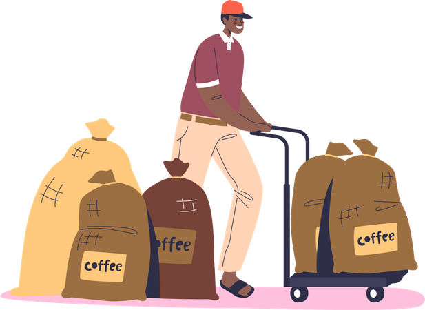 Hombre trabajador de producción de una granja de café cargando sacos de lona con granos de café para su entrega  Ilustración