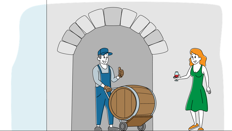 Hombre trabajador de pie en el barril de vino y mujer degustando vino  Ilustración