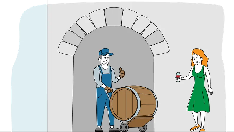 Hombre trabajador de pie en el barril de vino y mujer degustando vino  Ilustración
