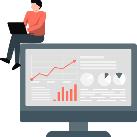 Hombre trabajando analizando un gráfico infográfico en una computadora portátil  Ilustración