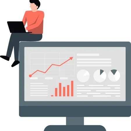 Hombre trabajando analizando un gráfico infográfico en una computadora portátil  Ilustración