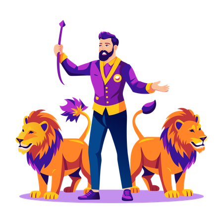 Hombre trabajando como domador de leones  Ilustración