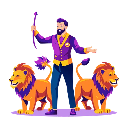 Hombre trabajando como domador de leones  Ilustración