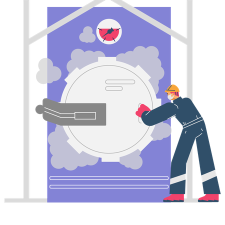 Hombre trabajando con tratamiento de vapor seco y esterilización de aceite de palma.  Ilustración