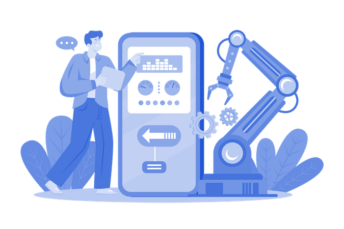 Hombre trabajando con la aplicación de automatización de producción  Ilustración