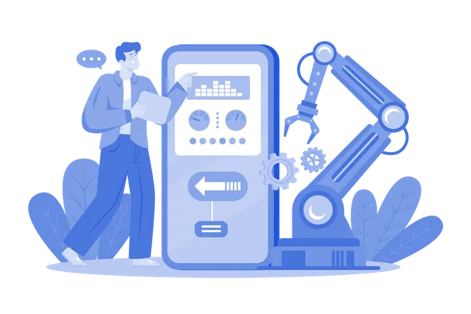 Hombre trabajando con la aplicación de automatización de producción  Ilustración