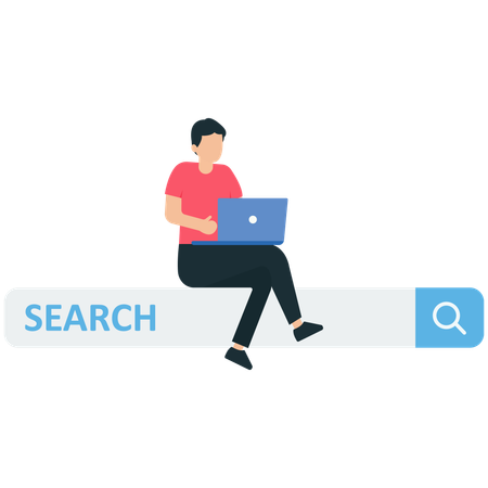 Hombre trabajando con computadora portátil en el cuadro de búsqueda con botón de lupa  Ilustración