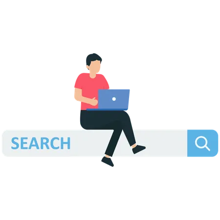 Hombre trabajando con computadora portátil en el cuadro de búsqueda con botón de lupa  Ilustración