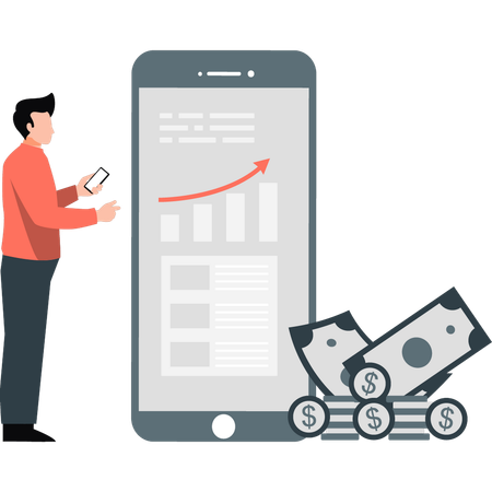 Hombre trabajando con éxito en un gráfico de crecimiento empresarial en un dispositivo móvil  Ilustración