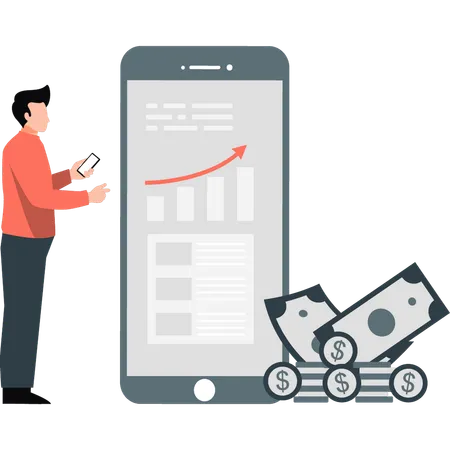 Hombre trabajando con éxito en un gráfico de crecimiento empresarial en un dispositivo móvil  Ilustración