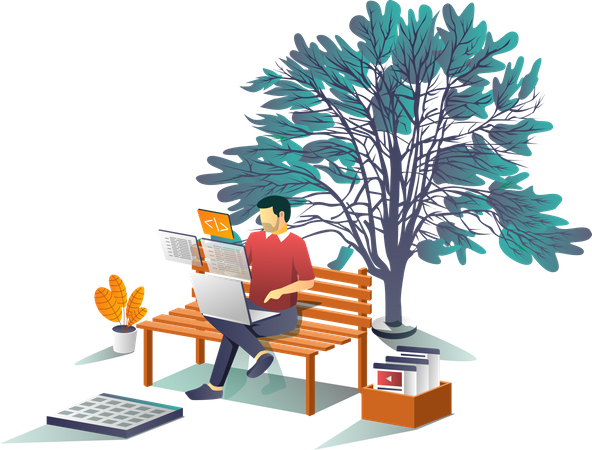 Hombre trabajando con una computadora portátil debajo de un árbol  Ilustración