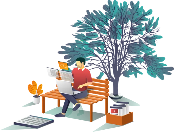 Hombre trabajando con una computadora portátil debajo de un árbol  Ilustración