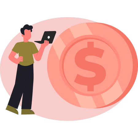 Hombre trabajando con monedas de dólar en una computadora portátil  Ilustración