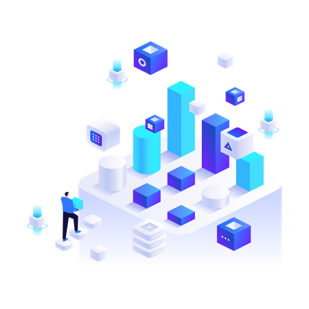 Hombre trabajando con tecnología blockchain  Ilustración