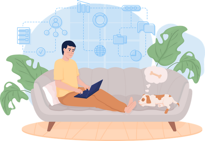 Hombre trabajando desde casa  Ilustración