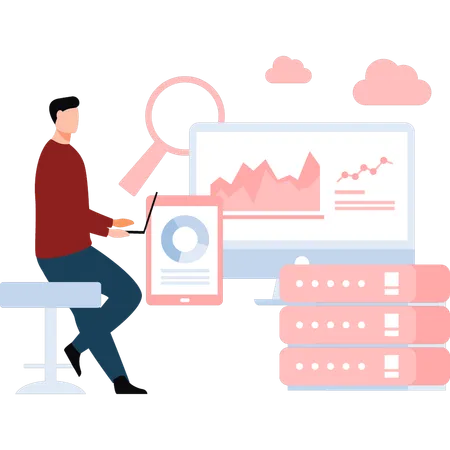 Hombre trabajando en análisis de bases de datos  Ilustración