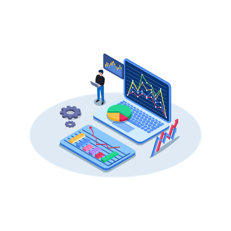 Hombre trabajando en análisis de datos  Ilustración