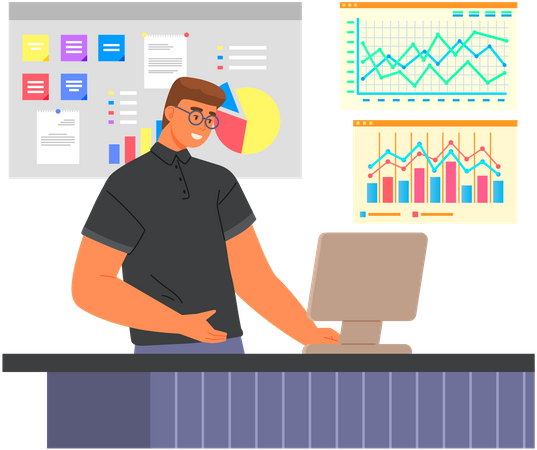 Hombre trabajando en análisis de datos  Ilustración