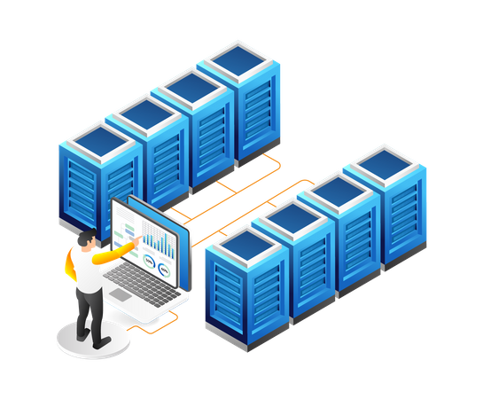 Hombre trabajando en datos de análisis multiservidor  Ilustración