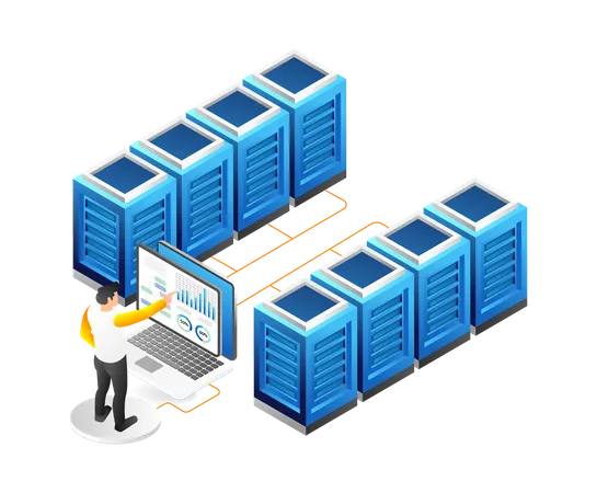 Hombre trabajando en datos de análisis multiservidor  Ilustración